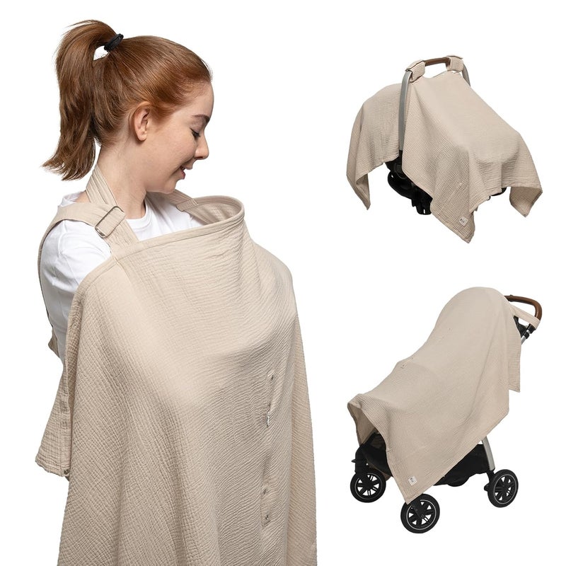 Nilsa 5-in-1 Muslin Nursing Cover up for Breastfeeding & Baby Car Seat Cover - Breathable Breastfeeding Cover With Rigid Hoop - 100% Cotton Privacy Apron Breast Feeding Covers For Women (Ecru) - Image 1